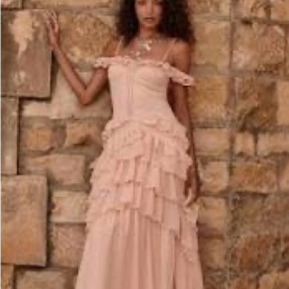 Altar'd State Blush Pink Off-Shoulder Ruffle Maxi Dress